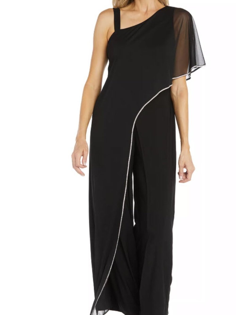 R&M Richards One-Shoulder Sheer Cape Black Jumpsuit  Size 10P